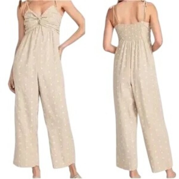 Old Navy Pants - Old Navy Beige Polka Dot Linen Sleeveless Jumpsuit